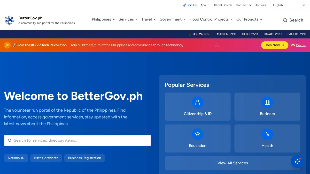 The BetterGov.ph portal home page: Welcome to BetterGov.ph, the volunteer-run portal of the Republic of the Philippines