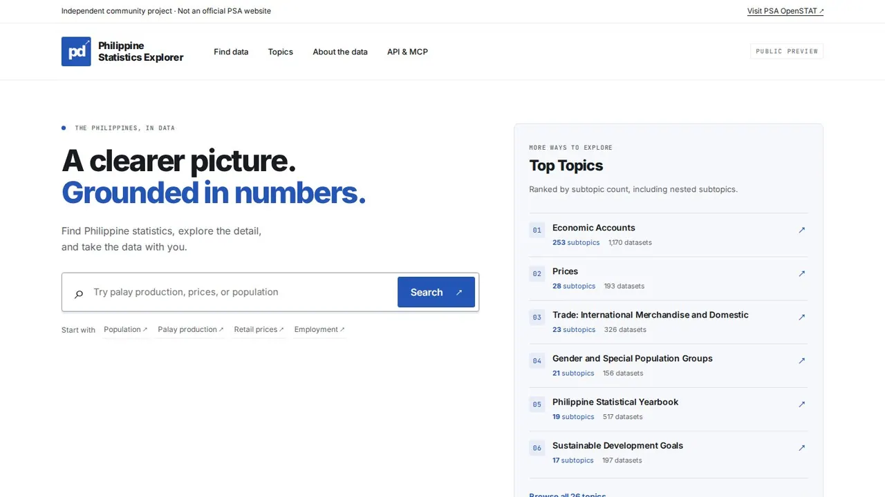 Preview of the Statistics Explorer website